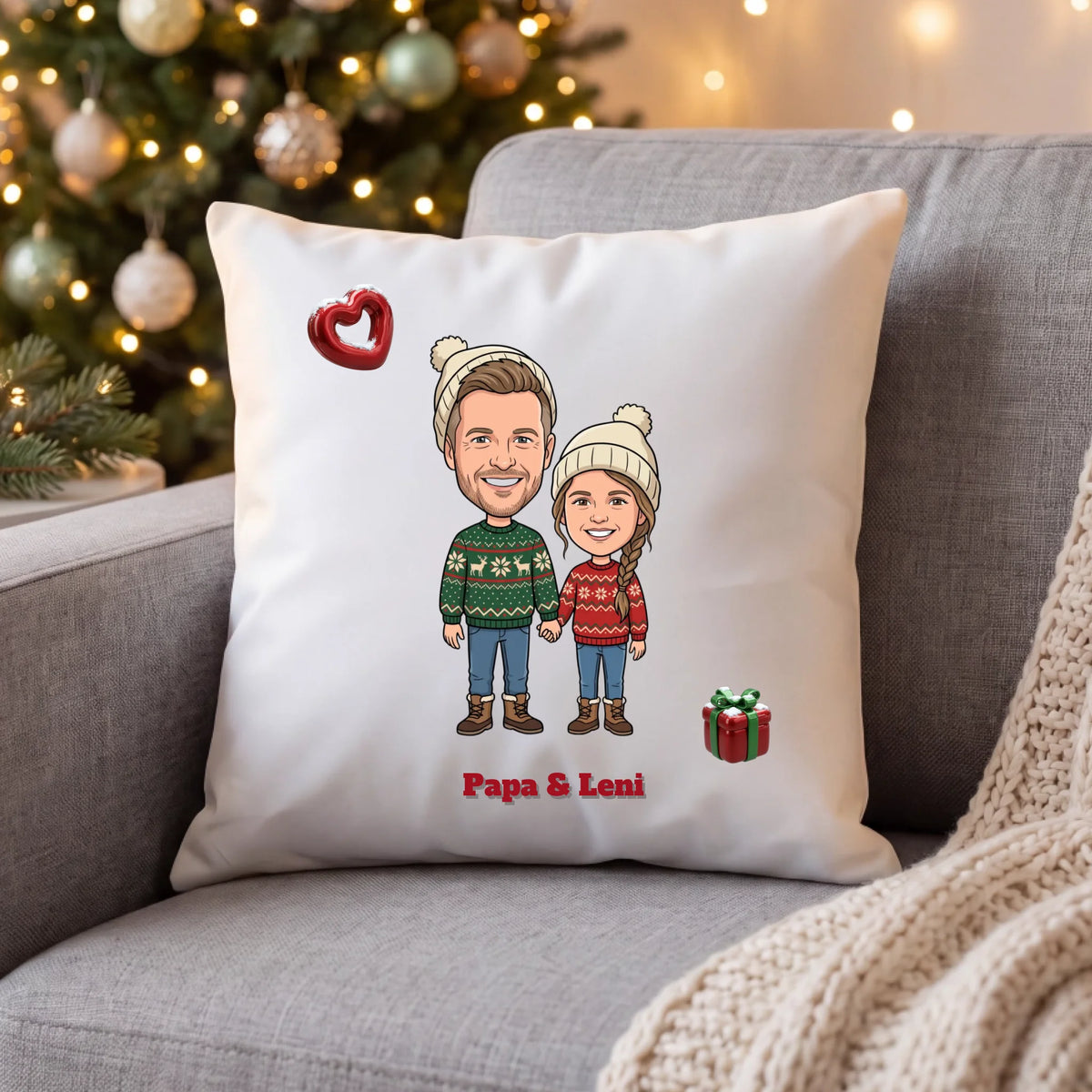 Personalisiertes Weihnachtskissen mit Foto im Comic Stil Big Head – Weihnachtsgeschenk