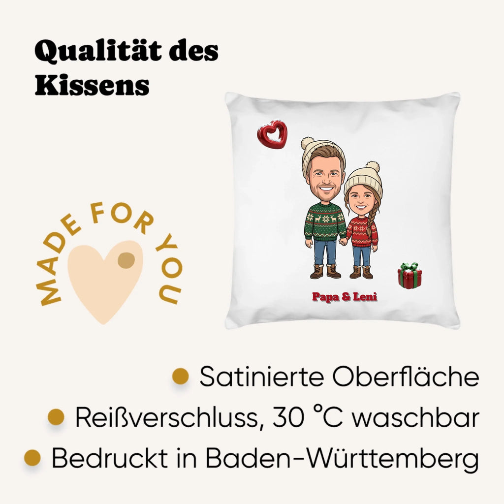 Personalisiertes Weihnachtskissen mit Foto im Comic Stil Big Head – auf dem Sofa – Weihnachtsgeschenk für Paare