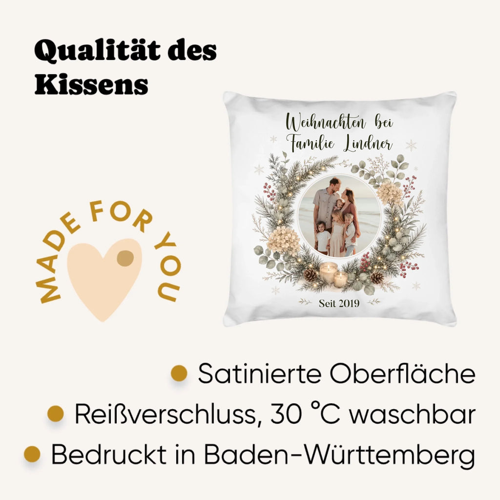 Personalisiertes Weihnachtskissen mit Foto, Namen und Jahreszahl – Fotokissen im Hüttenlook – Weihnachtsgeschenk für Oma und Opa