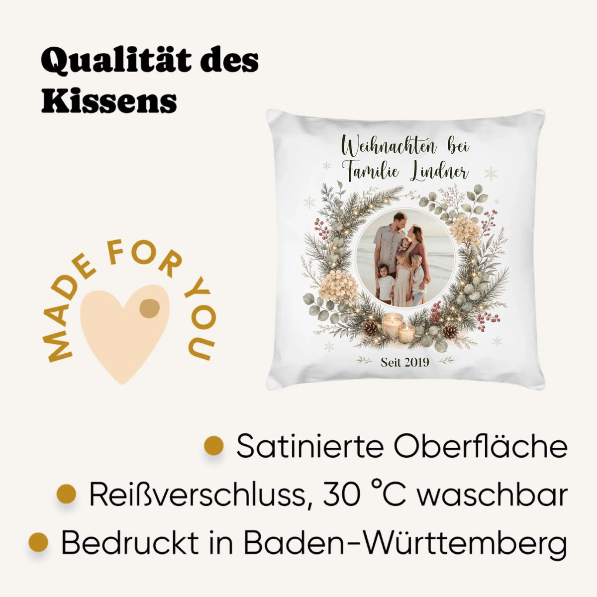 Personalisiertes Weihnachtskissen mit Foto, Namen und Jahreszahl – Fotokissen im Hüttenlook – Weihnachtsgeschenk für Oma und Opa