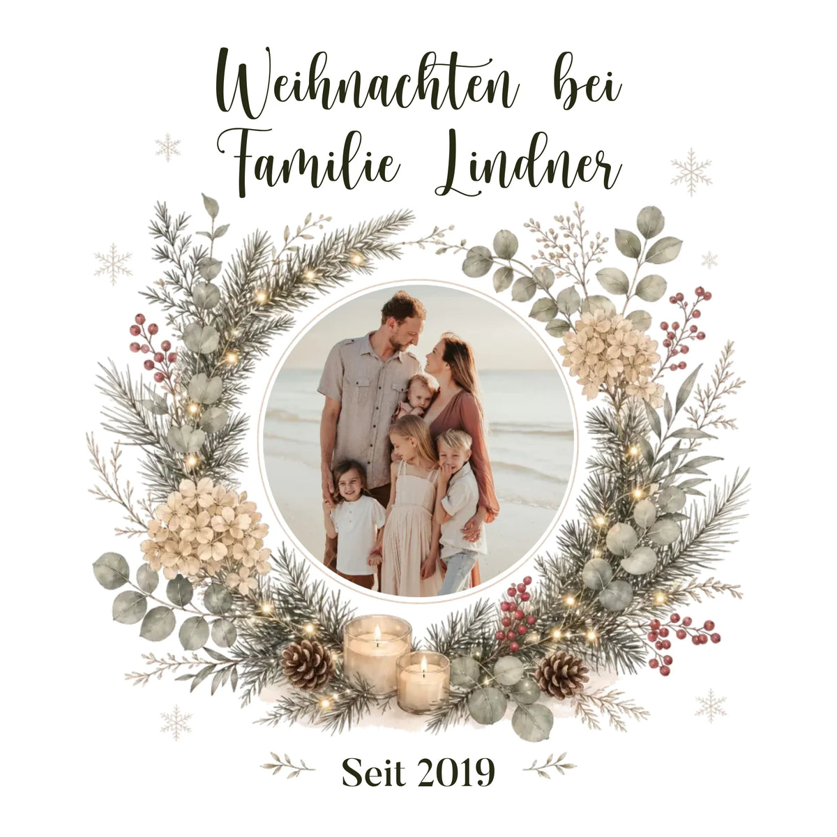 Personalisiertes Weihnachtskissen mit Foto, Namen und Jahreszahl – Detailansicht – Weihnachtsgeschenk für Paare