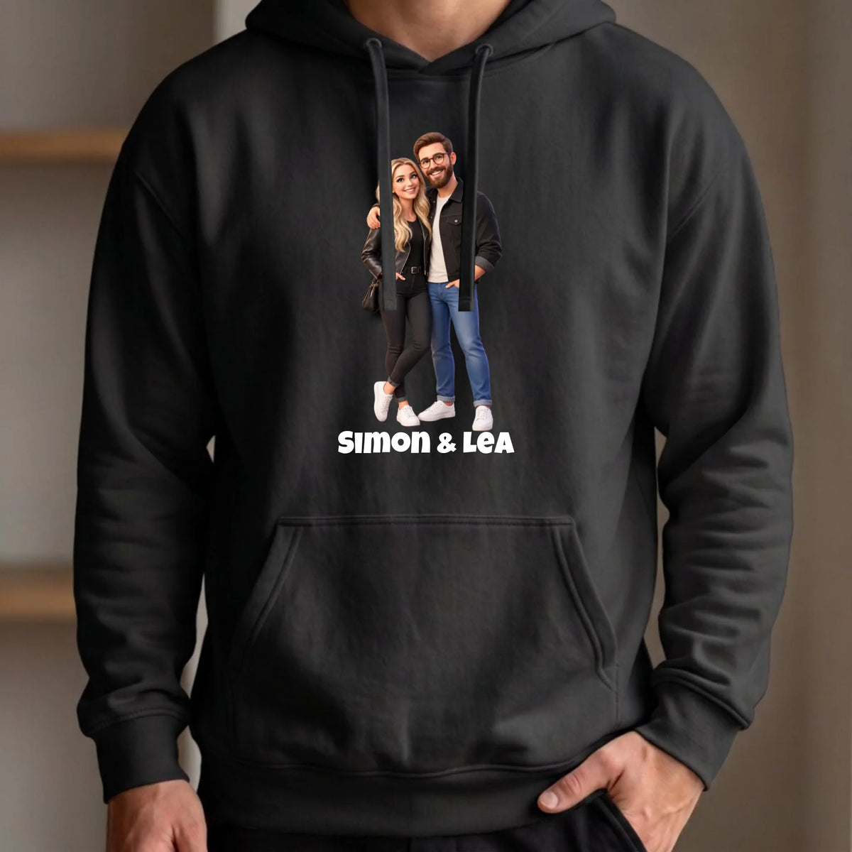 Personalisierter Pullover mit Foto im 3D Stil – Hoodie schwarz vorn